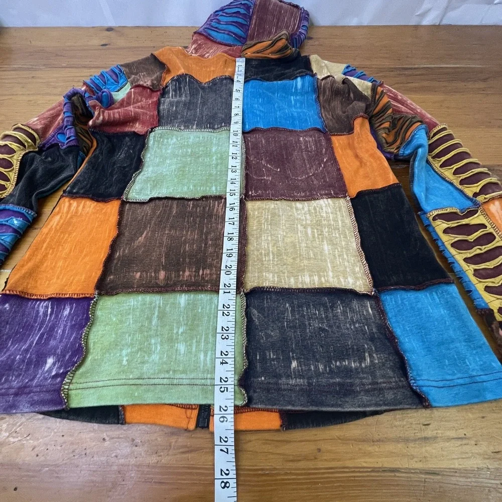 Happy Colors‎ Womens XL Jacket Hoodie Multicolor Patchwork Boho Hippy Distressed